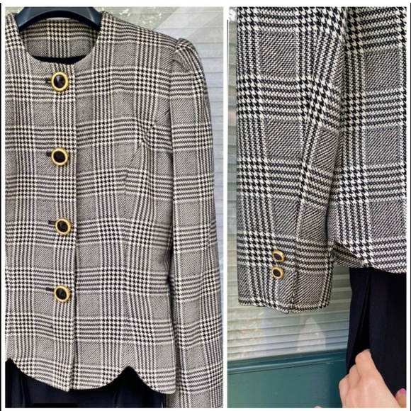 Vintage Albert Nipon 3 Pc Set Tailor Blazer Skirt Matching Shawl Houndstooth - Picture 8 of 12